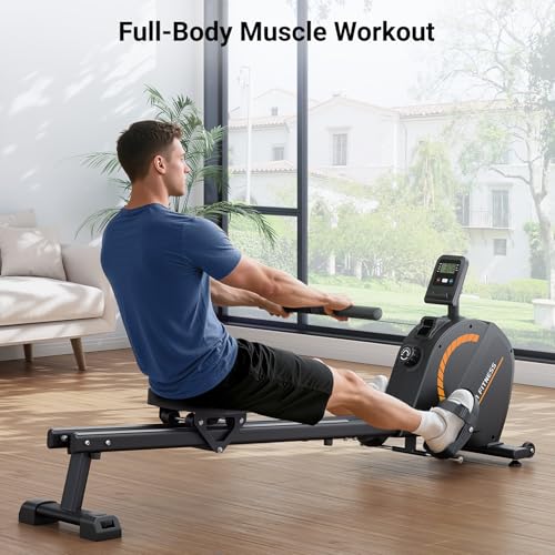 Magnetic Rowing Machine for Home Gym - 350 LBS Capacity, Dual Slide Rail, 16 Levels Resistance, App Supported - Orange Black