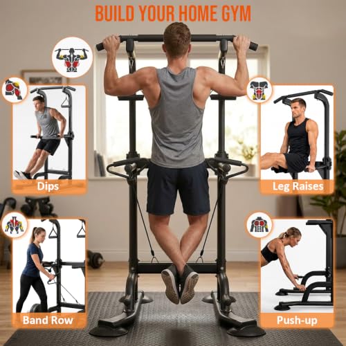 Adjustable Power Tower Pull Up & Dip Station - Black