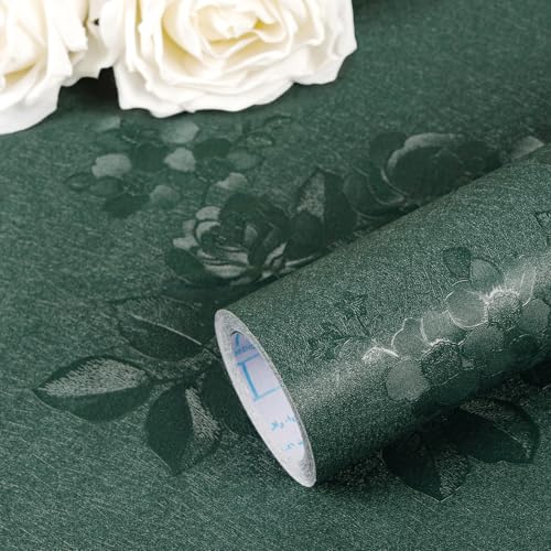 Green Peel and Stick Wallpaper, Gothic Floral Textured Dark Wall Paper Contact Paper 118"X17.7", Renter Friendly Modern Kitchen Drawers Walls Cabinets Self Adhesive Damask Cabinet Vinyl Roll