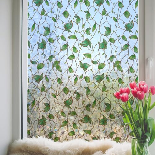 Runtoo Window Privacy Film Rainbow Leaves Window Clings 3D Decorative Vinyl Stained Glass Green Plant Vines Decals Static Sticker Non-Adhesive, 17 x 40 inches