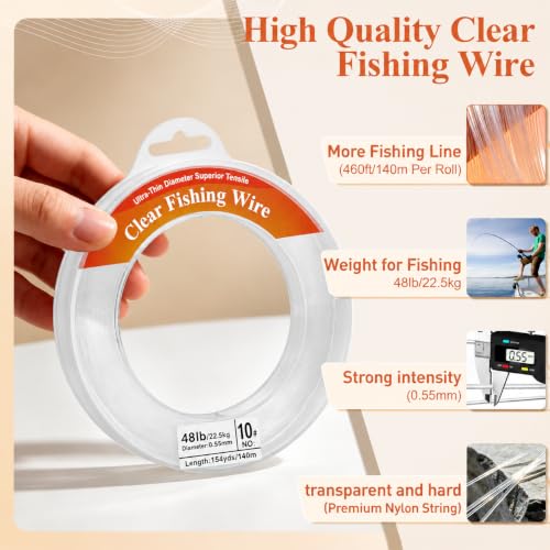Clear Monofilament Fishing Line, 48LB Nylon Wire for Fishing & Crafts - 460ft