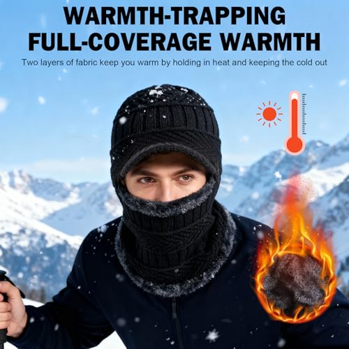 Winter Knitted Balaclava Beanie Hat - Warm Cycling Ski Mask, Windproof Hood, Heavyweight Thermal Fleece, One Size Black