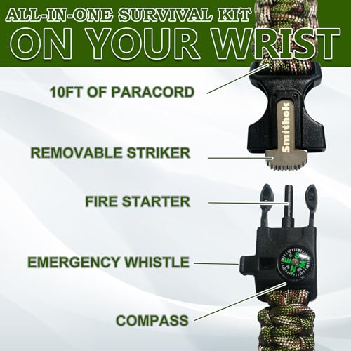 5-in-1 Survival Paracord Bracelet - Adjustable with Whistle, Compass, Fire Starter - 4-Pack Multi-Color