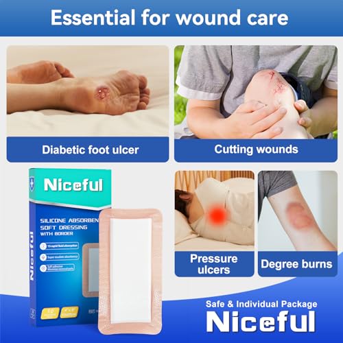 Niceful 4x8 Inch Silicone Super Absorbent Wound Dressing - Self-Adhesive, Large Bandages for Heavy Exudate, Bed Sores & Surgical Incisions