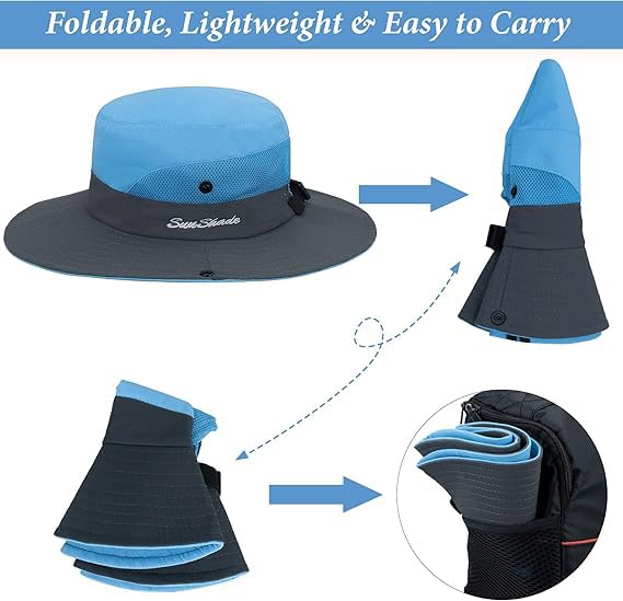 Women's Bucket Hat with Ponytail Hole - UV Protection, Foldable - Medium Blue & Grey
