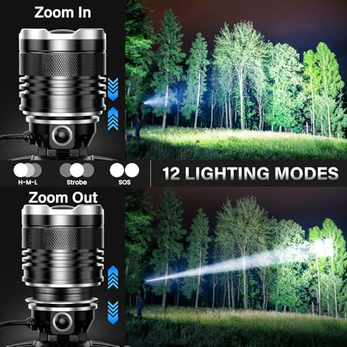 Rechargeable Headlamp - 99000 High Lumens, 95H Battery Life, Waterproof, 12 Modes, Zoomable - 1 Pack White Light