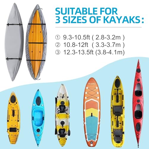 Seapisode 10.8-12ft Heavy Duty Waterproof Kayak Cover with UV Protection, Tear Resistant, Fits 10.8-12ft Gray
