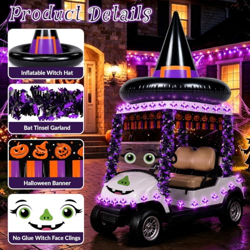 Halloween Golf Cart Decorations Kit with Inflatable Witch Hat, LED Bat Lights & Banners