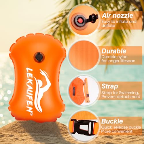 LeKaufen Inflatable Open Water Swim Buoy - Bright Orange and Yellow Safety Float