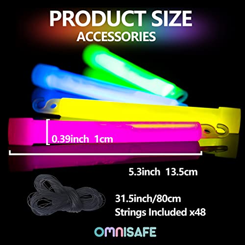 48 Pcs Large 6 Inch Glow Sticks with Black String - Bright, Waterproof Emergency & Party Lighting
