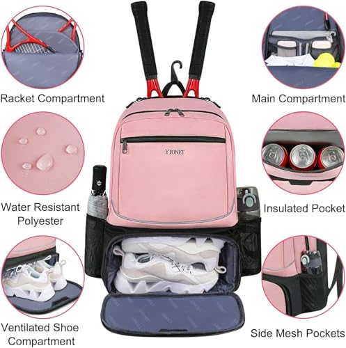 Ytonet Large Pink Tennis Backpack for 2 Rackets – Insulated Cooler Pocket