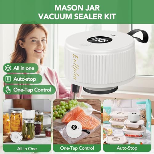 Electric Mason Jar Vacuum Sealer Kit with Reusable Lids & Bags for Food Preservation