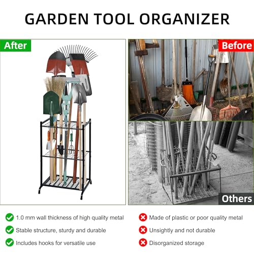 Garden Tool Organizer with Storage Hooks, Yard Tool Tower Rack for Garage Organization and Storage, Up to 35 Long-Handled Tools, Metal Tool Holder with 6 Hooks, Black