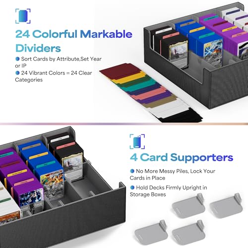 UAONO 3200+ Card Storage Box – 4-Row Leather Deck Case with 24 Dividers (Black & Grey)
