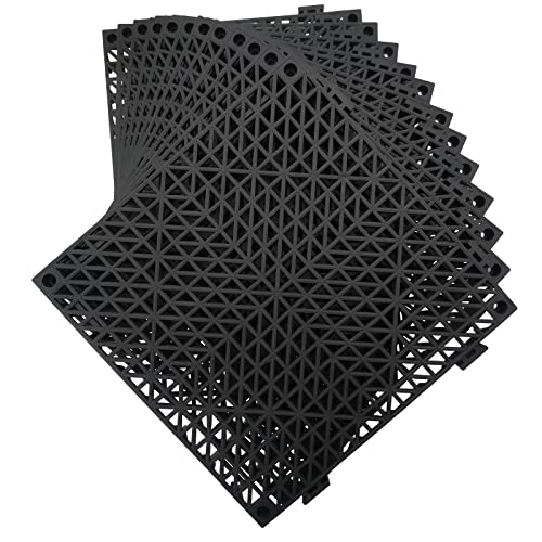 12 Pack Modular Interlocking Cushion 11.6" x 11.6" Rubber Mat Floor Tile Mats Drain Pool Patio Balcony Yard Pet Area Washer Pad(Black)