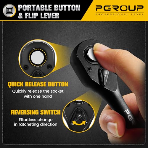 1/4" Drive 90 Tooth Ratchet Wrench, Quick Release Ratchet Wrench with Ergonomic Rubber Handle, 4-Degree Swing Reversible Ratchet, Chrome Alloy Made