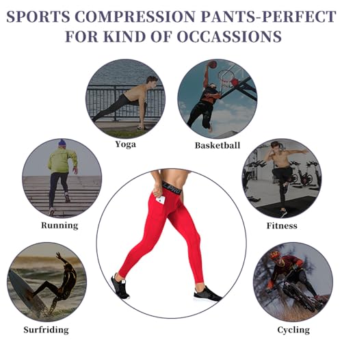 Men's Compression Pants - Athletic Running Leggings, Quick Dry, Full Length Red