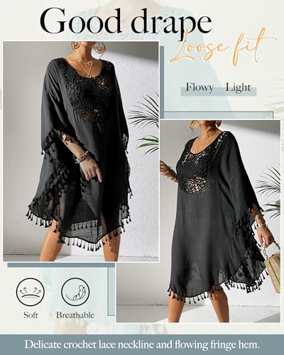 Women's Crochet Chiffon Swimsuit Coverup Dress - Black