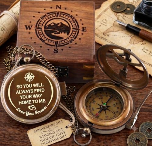 Brass Sundial Compass in Wooden Box with Engraved Message – Romantic Keepsake Gift