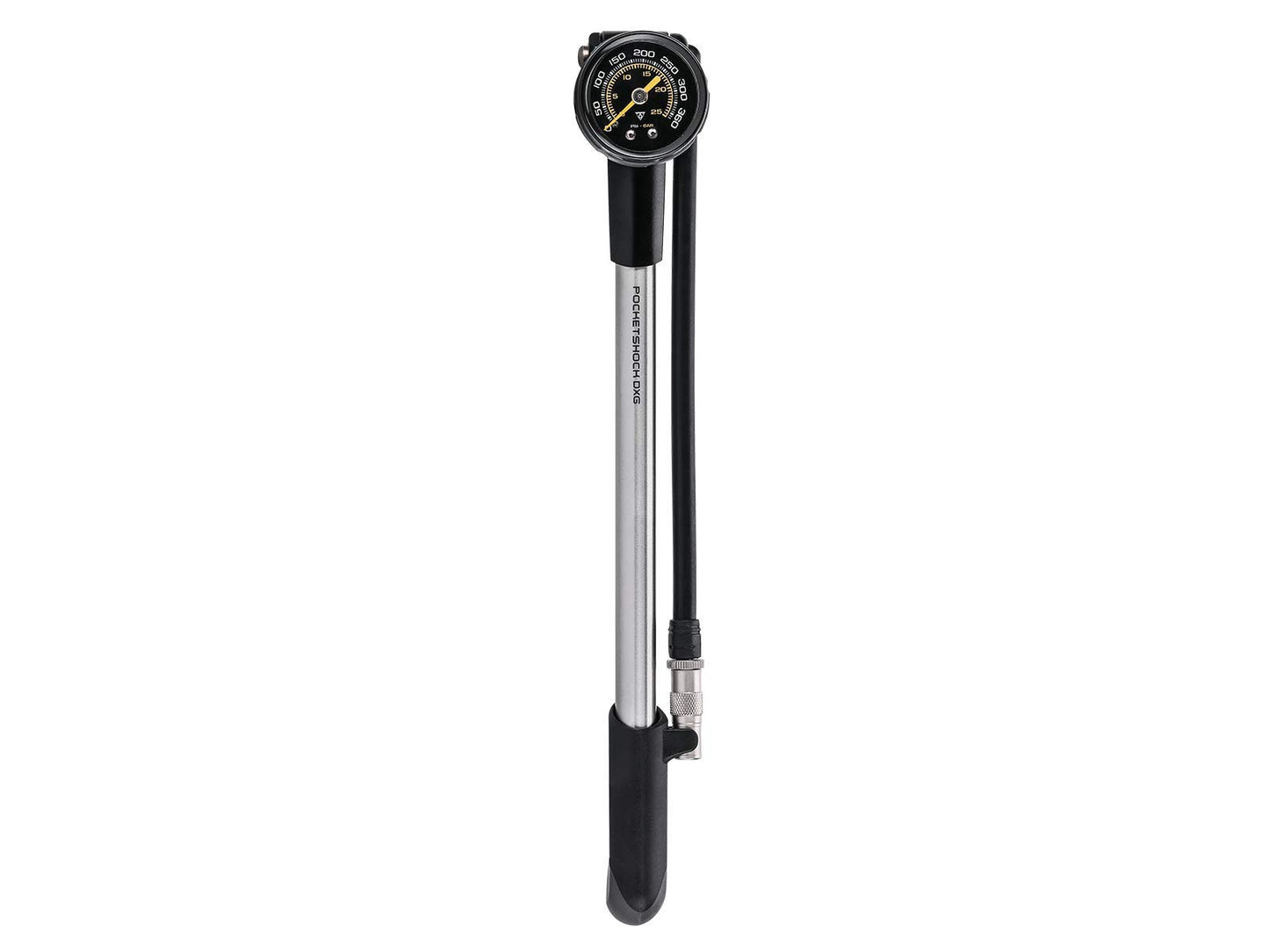 Topeak Pocket Shock DXG XL Bike Mini Pump, Long Version for Home/Shop use with dial Gauge 360 PSI/24.8 BAR,Silver/Black
