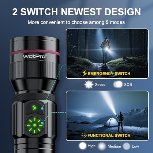 WdtPro 2 Pack Flashlights Rechargeable, Bright Mini LED Pocket Flash Lights with Clip, Zoomable, Dual Switch, 5 Modes, Waterproof Flashlight for Camping Outdoor Home Emergency (Battery Included)