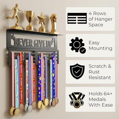 Wall-Mount Medal Holder & Trophy Shelf - Holds 64+ Medals
