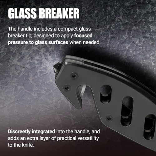 Compact Tactical Knife - 2.68" Serrated Blade - Black Folding Tool with Glass Breaker & Seatbelt Cutter