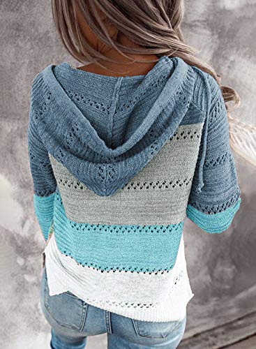 BLENCOT Blue Medium Striped Crochet Fall Sweater Hoodie for Women
