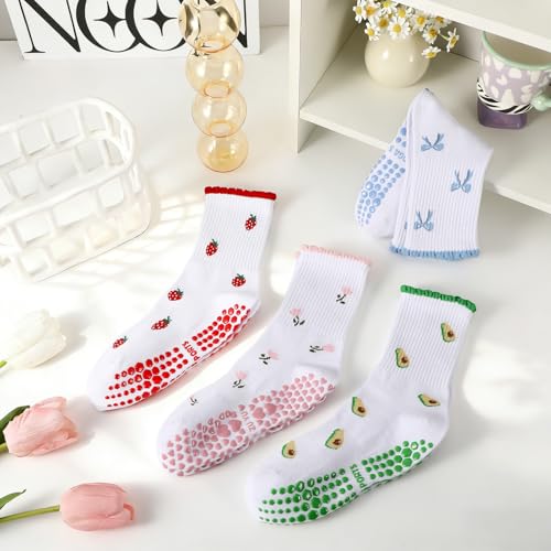 Pilates Socks with Grips for Women - 4 Pairs in Pink, Red, Blue & Green