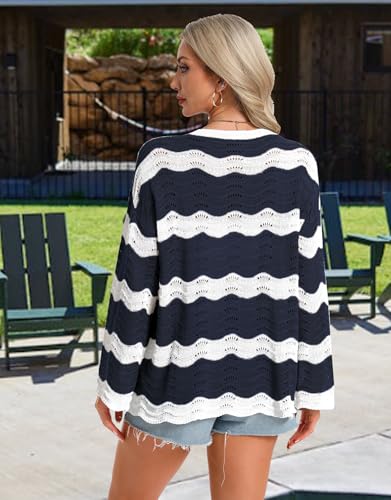 Women's Long Bell Sleeve Crochet Cover Up - Loose Mesh Striped Top
