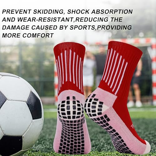 Kids Soccer Grip Socks - Anti-Slip Performance Socks, Red, 4-Pack