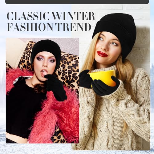 Winter Beanie Hat and Gloves Set - Black