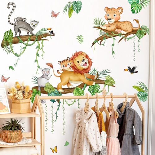 Runtoo Safari Animals Lion Wall Stickers Tropical Palm Leaves Jungle Animal Tree Branch Wall Art Decals for Baby Nursery Kids Bedroom Classroom Home Decor