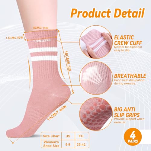 Non-Slip Pilates Grippy Socks for Women - One Size, 4 Pairs (Blue, Green, Purple, Pink)