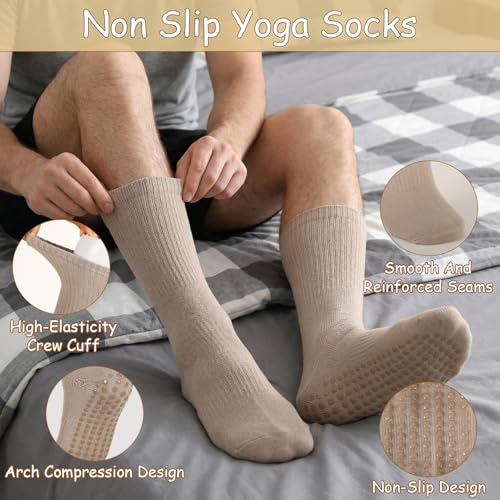 Non-Slip Pilates Crew Socks with Grips - Large - Black, White, Gray, Beige, Navy
