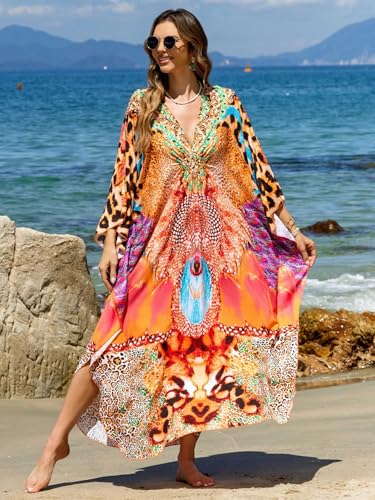 IMAGEKOPE Women's Plus Size Animal Print V-Neck Batwing Kaftan Beach Dress - One Size / 927-29 Color