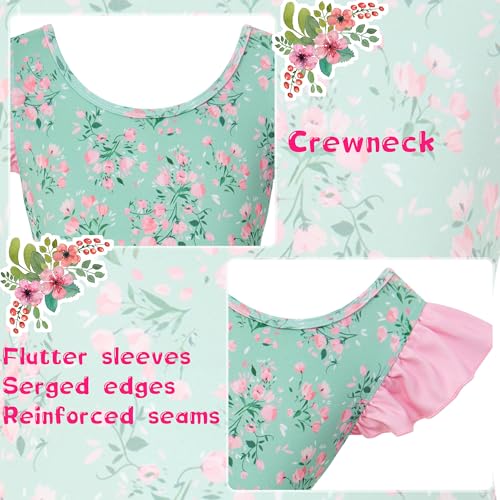 Girls Ballet Leotard Dress with Ruffled Sleeve - Green Flower (4-5T)