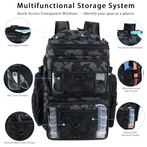 GiMiUiTo 55L Fishing Tackle Backpack with 4 Rod Holders Camouflage Black