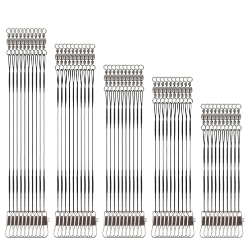 Fishing Leaders - 50 Pcs Stainless Steel Wire Leaders with Snap & Swivel - Black