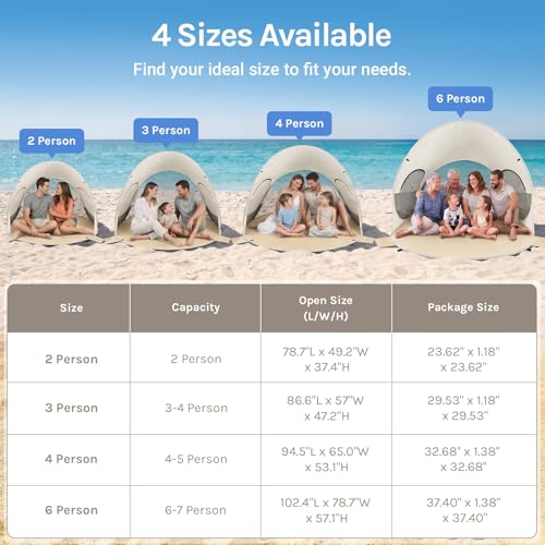 Wolfwise Beige Pop Up Beach Tent for 3 People, Sun Shade Shelter, Foldable & Water-Resistant