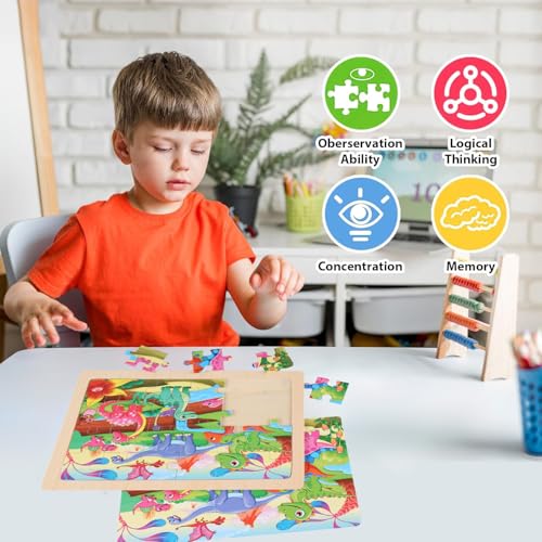Animal World Wooden Jigsaw Puzzle Set for Kids Ages 4-6 – 4 Pack Educational Toddler Puzzles