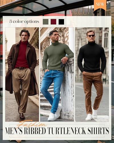 3 Pack Men's Mock Turtleneck Long Sleeve Ribbed Shirts – Locoowai, X-Large, Matcha Green / Wine Red / Black