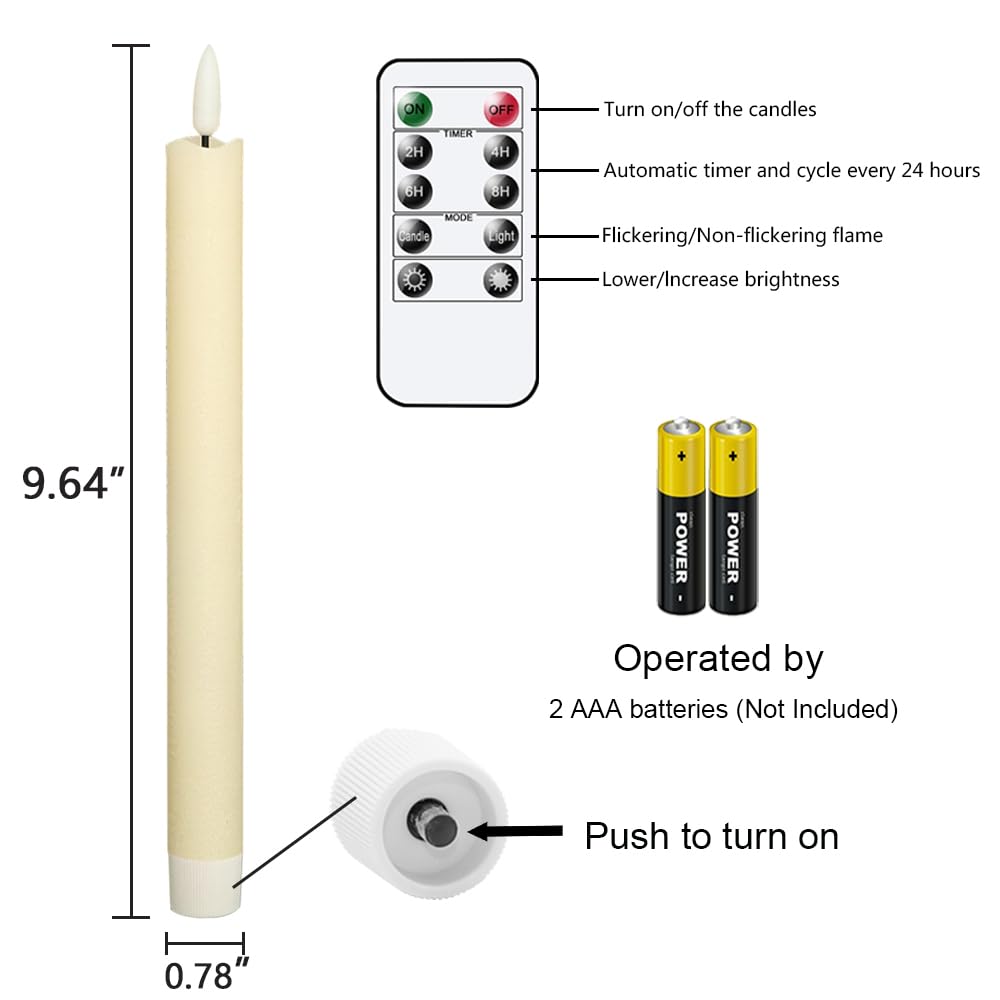 GenSwin Flameless Ivory Taper Candles Flickering with 10-Key Remote, Battery Operated Led Warm 3D Wick Light Window Candles Real Wax Pack of 3, Christmas Home Wedding Decor(0.78 X 9.64 Inch)