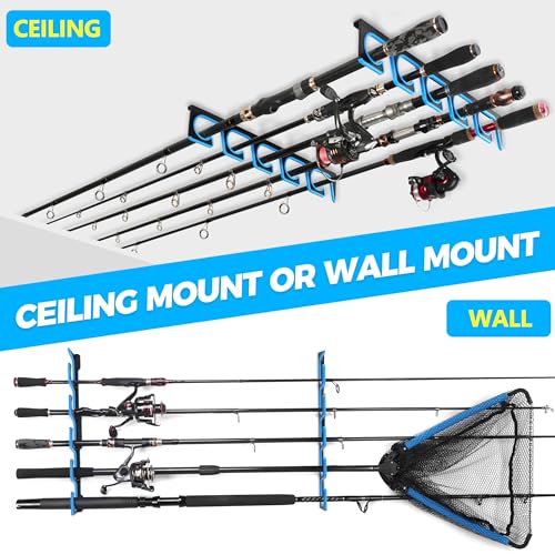 PLUSINNO H5P Fishing Rod Holders 4 Pack for Garage Wall & Ceiling Storage, Holds Up to 20 Rods, Blue