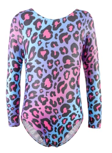 Gymnastics Leotard for Girls - Long Sleeve Unitard with Sparkle Rainbow Mermaid Ribbons - Colorful Leopard