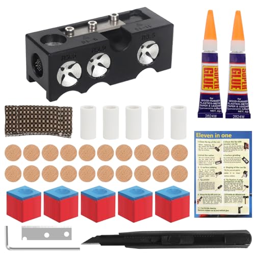 Pool Cue Tips Replacement Kit - 11-in-1 Shaper Tool with 20 Tips & Chalk - Black