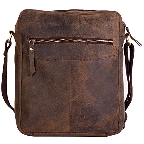 Distressed Tan Leather Crossbody Messenger Bag for Men & Women, 11 Inch Tablet Satchel