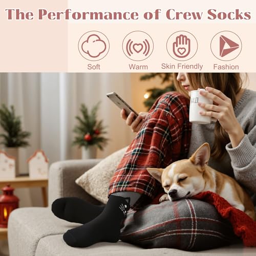 Wool Socks for Women - Cute Cat Crew Socks, 5 Pairs - One Size in Pink, Black, Blue, Grey, Purple