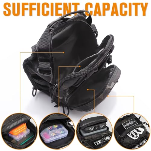 Dovesun Small Fly Fishing Backpack Sling Pack - Black Patterned, 17.7 x 8.5 x 5.7in (No Tackle Box)