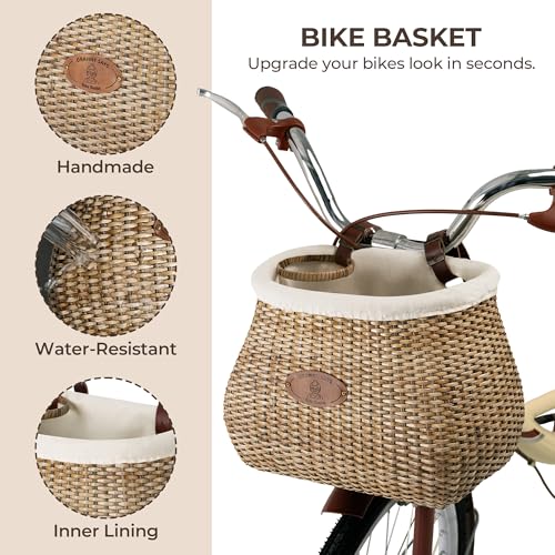 Brown Wicker Bike Basket Front with Cup Holder for Women & Men - Retro Style